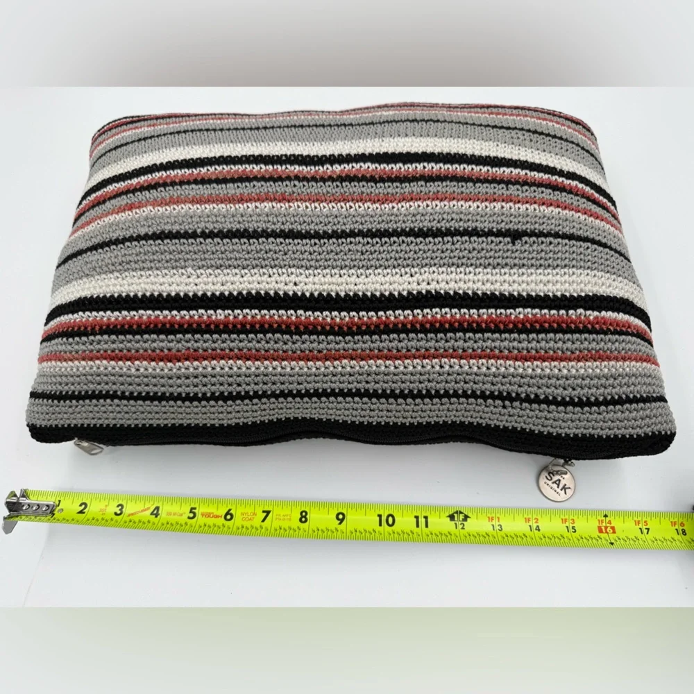 The SAK Home Square Crochet Knit Pillow Black Beige Red Gray 12”x 17